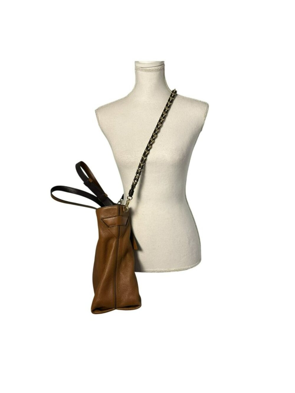 Michael Kors Downtown Astor Large Brown Pebbled Leather Shoulder Bag Chain Strap - Picture 9 of 16